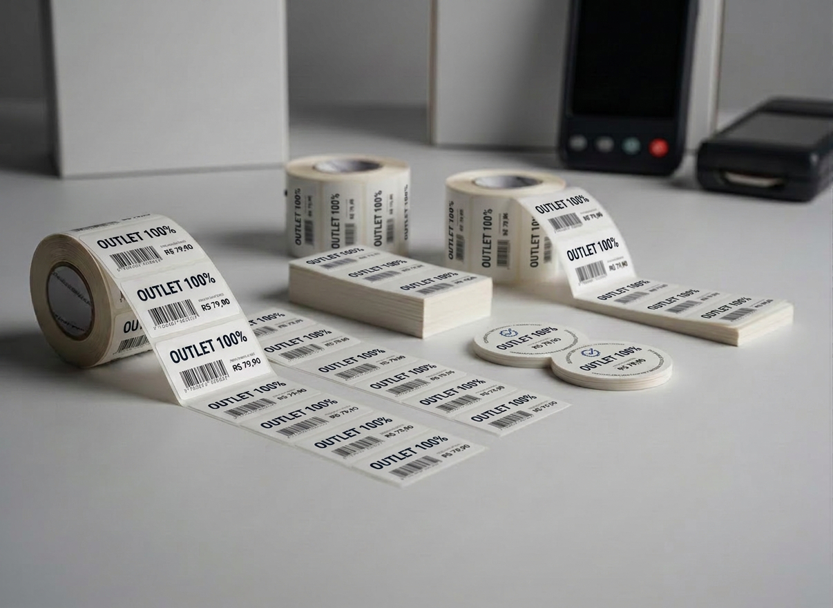 etiquetas Uma coleção de etiquetas BOPP e couchê em rolos e folhas, em diferentes tamanhos e formatos, exibidas sobre uma superfície lisa cinza-clara. Detalhe para o brilho sutil do BOPP e o acabamento fosco do couchê, com linhas de corte perfeitamente retas e cantos precisos. Ao fundo, levemente desfocados, aparecem caixas de produtos genéricos e leitores RFID sem marcas. Iluminação de estúdio suave, vinda lateralmente, criando reflexos técnicos e sombras discretas. Fotografia em ângulo levemente elevado, com foco nítido em primeiro plano e desfoque suave atrás, transmitindo sensação profissional, organizada e voltada ao ambiente B2B. Estilo de realismo fotográfico, limpo e moderno, destacando qualidade e precisão das soluções de identificação.