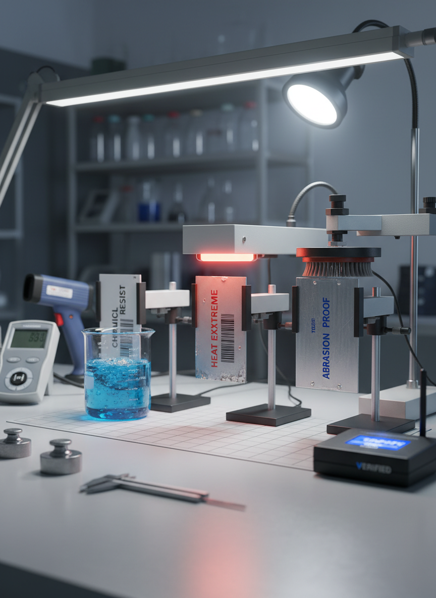 A controlled laboratory-style testing bench for industrial labels, featuring a row of mounted label samples undergoing stress tests: one partially submerged in a beaker of chemical solution, another exposed to a heat source, and a third clamped in an abrasion tester. Each label has a distinct finish—gloss, matte, and metallic—showing how they maintain integrity. The bench surface is light gray, with precise calibration instruments and RFID verification equipment neatly arranged. Bright, neutral overhead lighting and an additional focused spotlight on the test zone create a scientific, objective look. Captured at eye level with moderate depth of field, the central labels are in sharp focus while the instruments softly recede. The mood is rigorous, reliable, and quality-assurance oriented, perfect for conveying testing and certification of special labels.