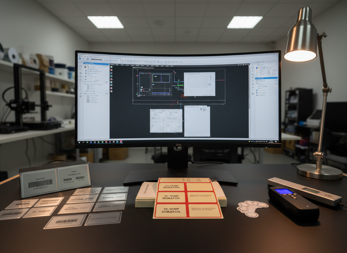 A neatly organized workstation in a label engineering office, featuring an open industrial label design software interface on a large monitor, with several sample labels laid out on a dark matte desk surface: metallic labels, high-temperature resistant labels, and small-format RFID tags. Nearby, a compact RFID reader and a label thickness gauge rest precisely aligned. Soft, even overhead lighting and a subtle desk lamp create gentle highlights on the equipment and label surfaces without glare. Shot from a slightly elevated perspective following the rule of thirds, the composition leads the eye from the digital design on the screen to the physical samples. The atmosphere is methodical, innovative, and professional, illustrating the development and customization side of special labeling solutions without showing any people.