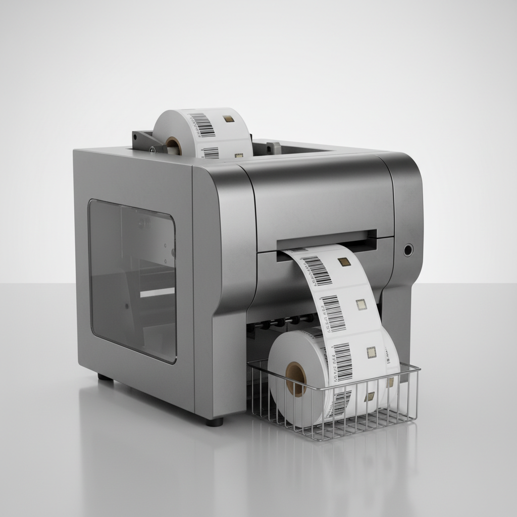 Professional product photo of an industrial thermal label printer (similar to Zebra printer) printing barcode and RFID labels, on a clean white/light gray background, commercial product photography style. No text.