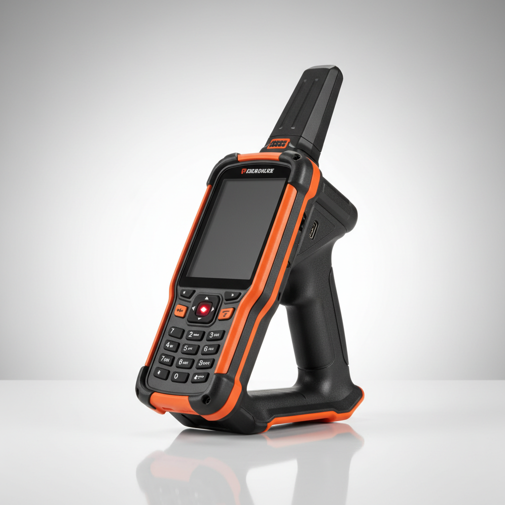 Etiquetas Especiais Professional product photo of a handheld RFID reader/collector device, rugged mobile computer scanner, on a clean white/light gray background, commercial product photography style. No text.