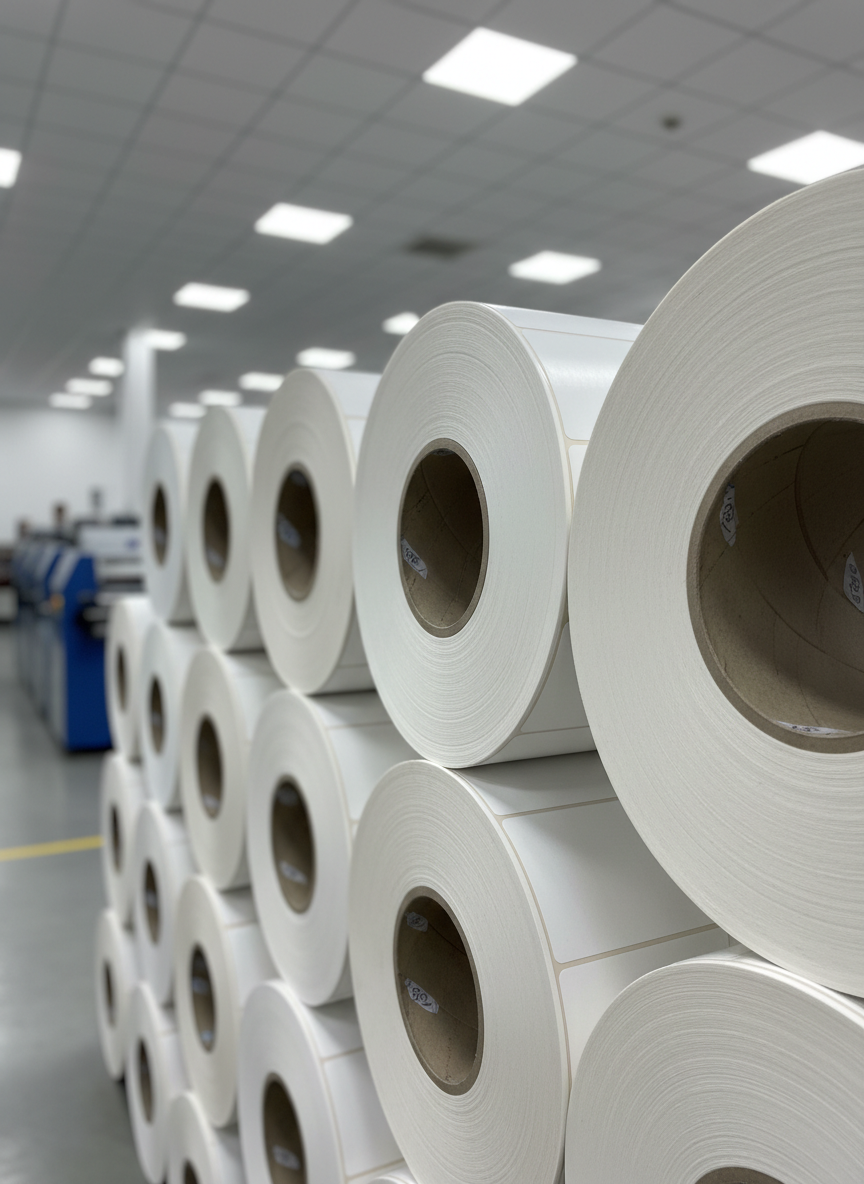 Bobinas grandes de etiquetas adesivas BOPP e couchê empilhadas em um ambiente de produção industrial limpa. As bobinas, em diferentes larguras, mostram bordas perfeitamente alinhadas e superfícies lisas, com um brilho sutil refletindo a luz. Ao fundo, máquinas conversoras e impressoras de etiquetas genéricas, sem marcas, sugerem alta capacidade produtiva. A iluminação é branca, homogênea, de galpão moderno, com pontos de luz superiores criando reflexos técnicos nas bobinas. A câmera está em nível médio, ligeiramente inclinada, enfatizando a profundidade da fileira de bobinas. Atmosfera de eficiência, escala e confiabilidade, em realismo fotográfico, reforçando a capacidade da empresa em atender grandes demandas de varejo e indústria.