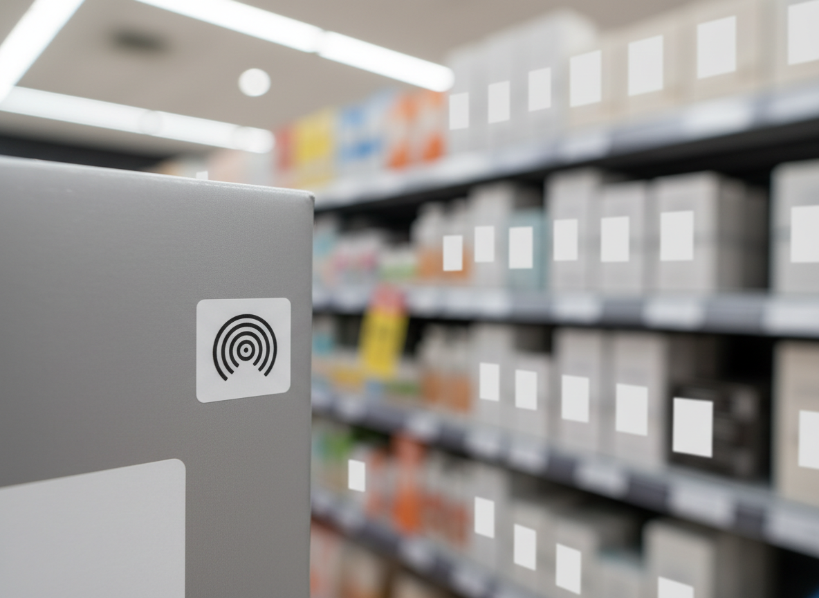 Close-up macro de uma etiqueta RFID aplicada na lateral de uma embalagem de produto genérico para varejo. Os detalhes da superfície da etiqueta, a textura suave do adesivo e o leve relevo do inlay interno são claramente visíveis. O fundo mostra prateleiras de loja desfocadas, com produtos sem marcas bem organizados, sugerindo ambiente de autosserviço. A iluminação é de supermercado moderno, com luz branca suave vinda do teto, criando reflexos controlados na etiqueta. Composição em regra dos terços, com profundidade de campo muito rasa para destacar a etiqueta como elemento central. Clima tecnológico e contemporâneo, em realismo fotográfico, enfatizando a integração discreta da RFID à experiência do varejo.