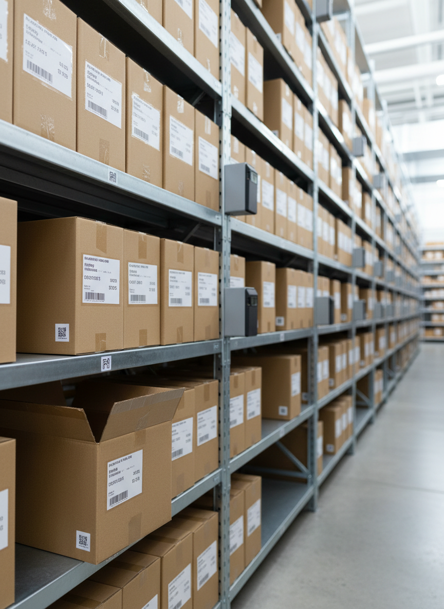Uma prateleira de estoque organizada com caixas padronizadas contendo produtos genéricos, todos identificados por etiquetas adesivas claras e etiquetas RFID discretas. Em primeiro plano, uma caixa aberta mostra a aplicação correta de uma etiqueta BOPP brilhante e uma pequena tag RFID lateral. O cenário é um centro de distribuição moderno, com estantes metálicas, piso polido e leitores RFID fixados nas estruturas, sem marcas visíveis. Iluminação branca, difusa, típica de galpão logístico, criando um ambiente bem iluminado e técnico. A foto é feita em ângulo levemente elevado, com foco nítido na caixa aberta e desfoque suave no restante da prateleira. Clima de organização, rastreabilidade e controle de estoque avançado, em estilo fotográfico realista.
