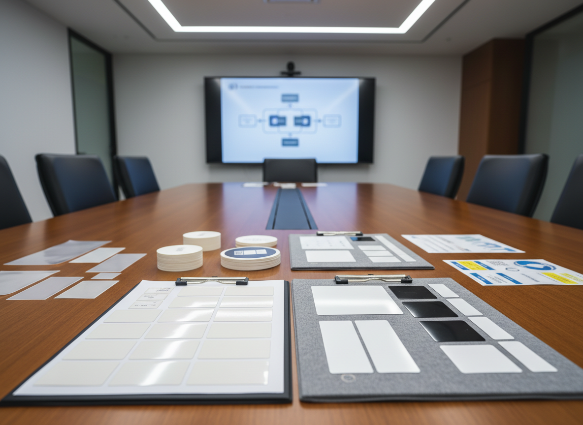 Uma mesa de reunião corporativa sem pessoas, com amostras de etiquetas BOPP, couchê e RFID cuidadosamente dispostas sobre pastas e pranchetas. Cada grupo de etiquetas está organizado por formato e aplicação, desde pequenas etiquetas para varejo até etiquetas robustas para indústria. Ao fundo, uma tela grande exibe um gráfico genérico de fluxo logístico sem texto legível. Iluminação de sala de reunião moderna, com luz branca suave vinda do teto, criando um ambiente claro e profissional. A foto é feita em ângulo levemente elevado, com foco nítido nas amostras e desfoque moderado na tela. Atmosfera de apresentação técnica e consultiva B2B, em estilo fotográfico realista e limpo.