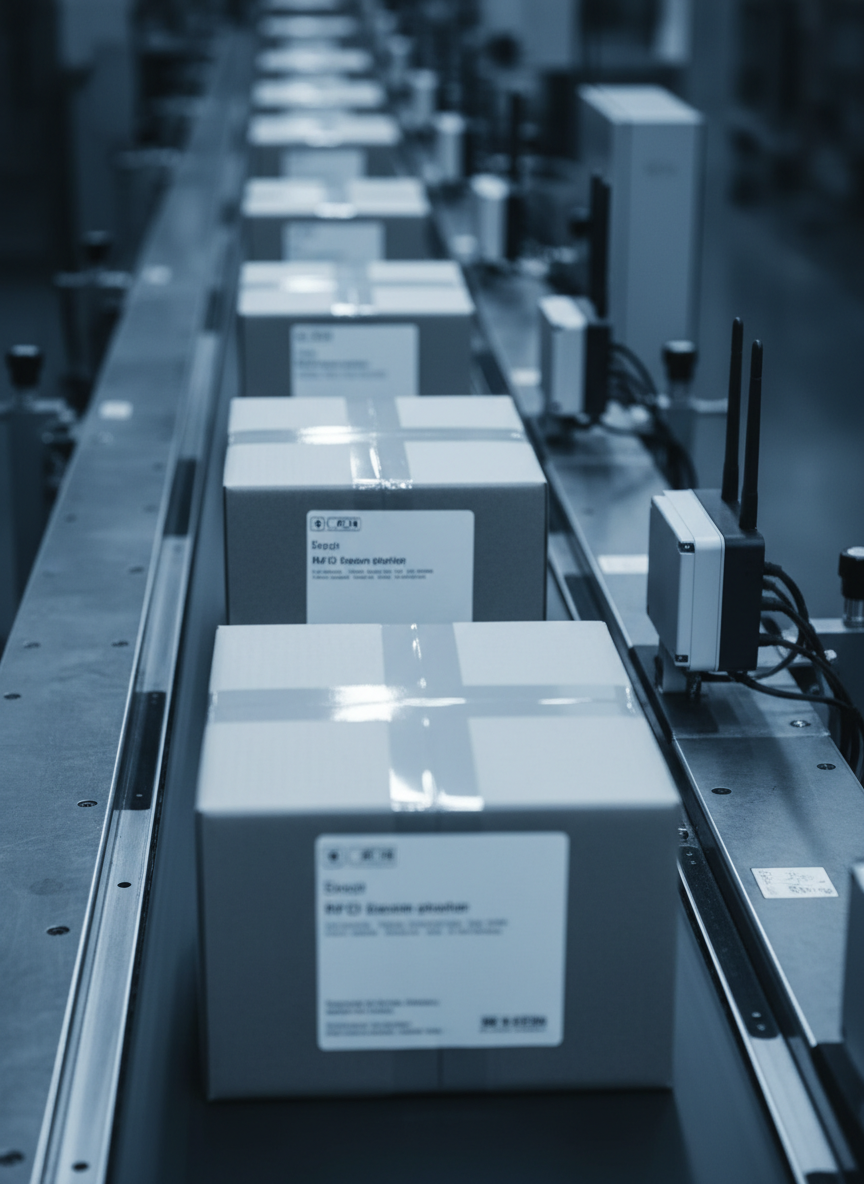 Detalhe de uma linha de produção onde embalagens industriais genéricas passam sobre uma esteira, cada uma com uma etiqueta resistente aplicada, com acabamento BOPP brilhante. Sensores e antenas RFID compactas estão posicionados ao lado da esteira, sem marcas, sugerindo leitura automática em alta velocidade. A iluminação é fria e intensa, típica de ambiente fabril moderno, criando reflexos definidos nas embalagens e nas etiquetas. A câmera captura a cena em leve movimento, com um toque de desfoque nas embalagens em trânsito e foco nítido na área de leitura. Clima de alta tecnologia, eficiência e rastreabilidade contínua, em realismo fotográfico técnico, reforçando soluções para a indústria.