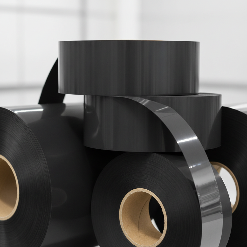 Close-up de ribbons (fitas de transferência térmica) para impressoras industriais